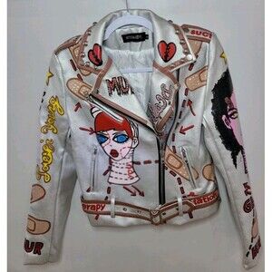 Nevada Love Women’s Silver Metallic Moto Jacket Size S Studded Graffiti Print